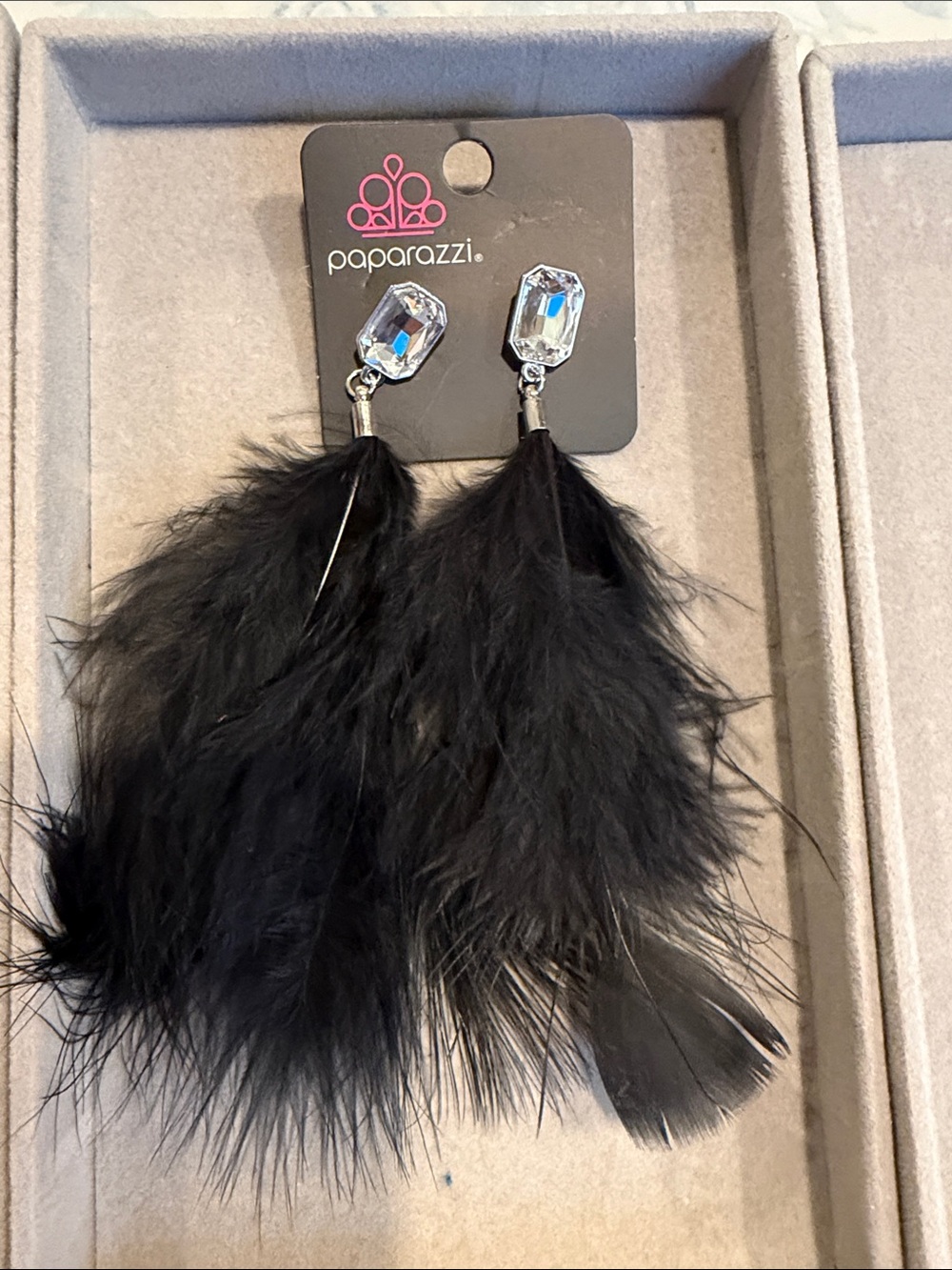 paparazzi Black Feather Drop Earrings with Clear Crystal Studs
